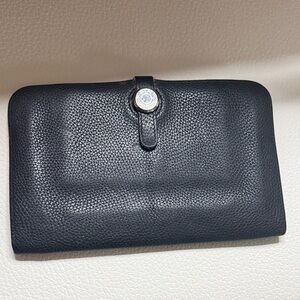 Authentic Hermes Black Leather Wallet with Silver Button